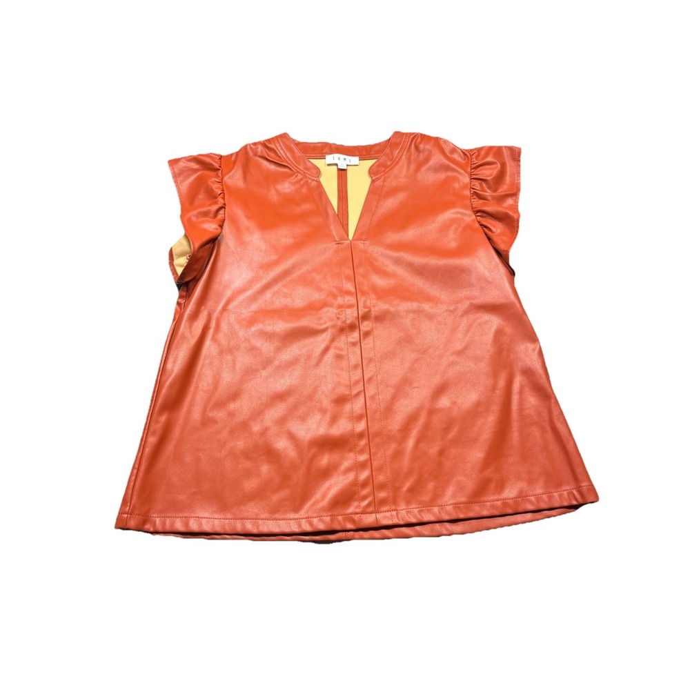 THML Faux Leather Top Womens Large Rust Brown Flutter Sleeve Boutique Chic - Picture 3 of 3